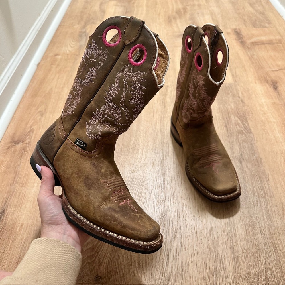 Reyme | Women's Brown Leather Pink Stitch Square Toe Western Cowboy Boots, 6.5